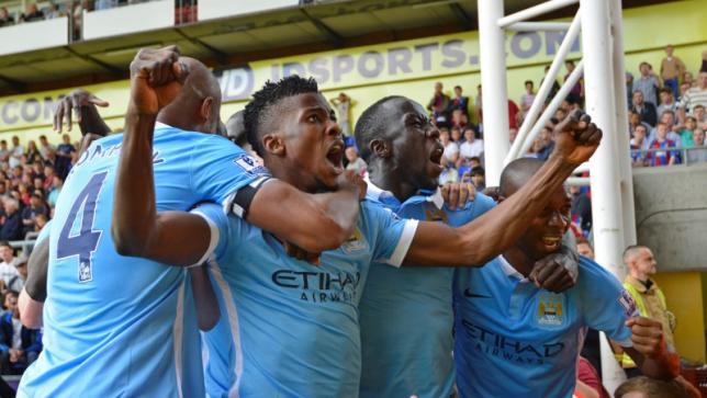 Kelechi Iheanacho celebrates with team mates after scoring the first goal for Manchester City.nPhoto: Reuters 