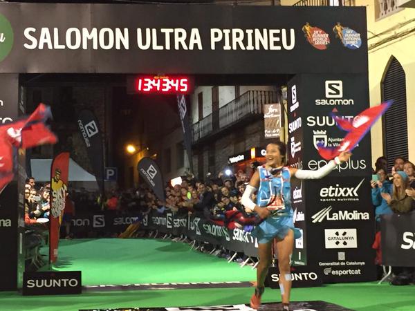 Mira Rai carries Nepali flag while finishing 110-km Ultra Pirineu in Spain. Photo: UltraPirineu