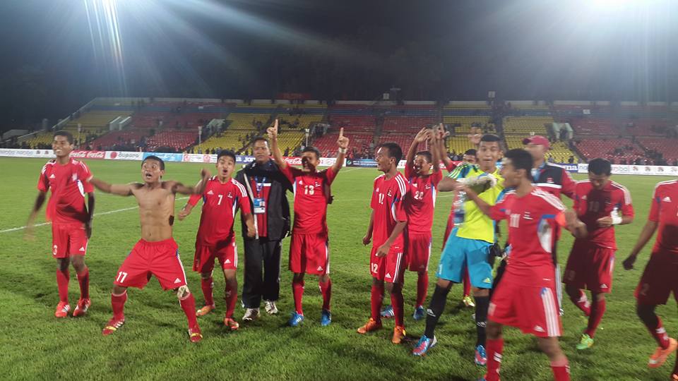 Nepal U-16 football team celebrates after beating Kyrgystan 4-2 on Friday, September 18. Photo Courtesy: Madhu Sudan Pyakurel