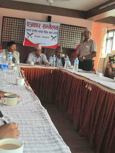 Nepali ex-Indian Army men announcing the protest programmes in a press meeting, organised by Nepali ex-Indian Army Struggle Committee, Gandaki- Dhaulagiri, on Friday, September 25, 2015. Photo: Rishi Ram Baral