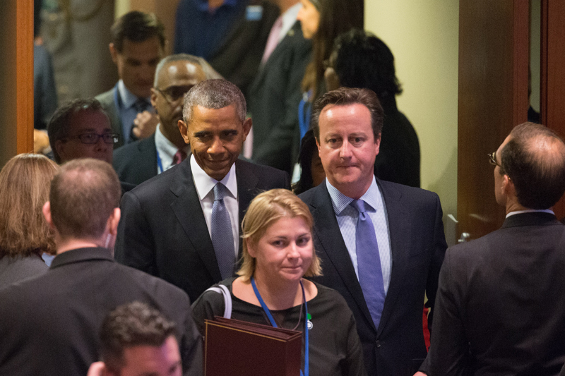 President Barack Obama and British Prime Minister David Cameron, right, arrive for a United Nations Peacekeeping Summit, Monday, Sept. 28, 2015, at United Nations headquarters. Photo: AP