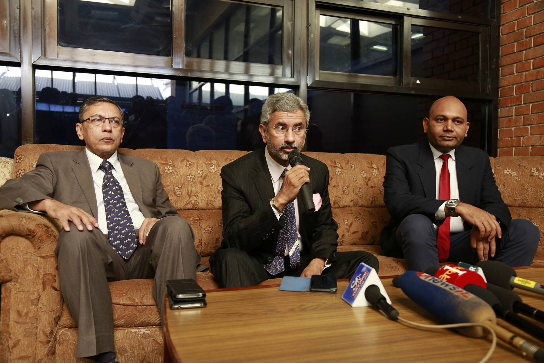 Visiting Indian Foreign Secretary S Jaishankar talking to media persons before his departure at the Tribhuvan International Airport on Saturday morning, September 19, 2015. Photo: RSS 