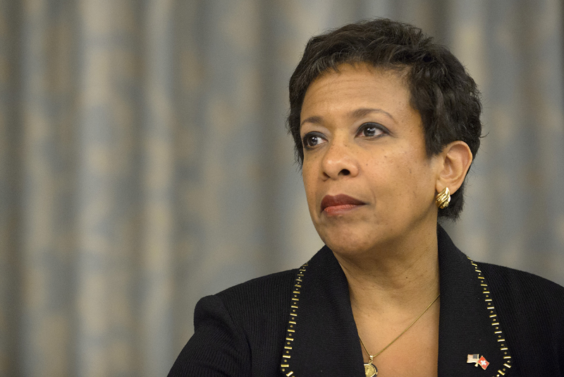 Loretta Lynch, attorney general of the US attends a news conference on soccer related criminal proceedings, in Zurich, Switzerland, Monday, Sept. 14, 2015. Lynch says she expects more indictments in a widening investigation of corruption implicating FIFA. (Anthony Anex/Keystone via AP)