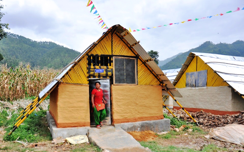 Temporary huts for quake victims built by Chaudhary Foundation at Bhimtar VDC, Sindhupalchowk, on Monday. Photo: THT