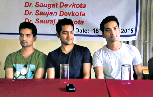 Triplets talking to media at a programme in Kathmandu on Monday. Photo: THT