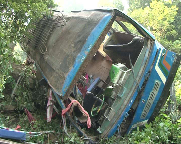 Wreckage of bus that met with fatal accident at Jeevanpur of Dhading. 