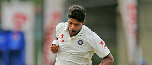 India's Umesh Yadav celebrates after taking the wicket of Sri Lankau0092s Dimuth Karunarathne on the fourth day of their third and final Test match in Colombo on Monday. Photo: AP