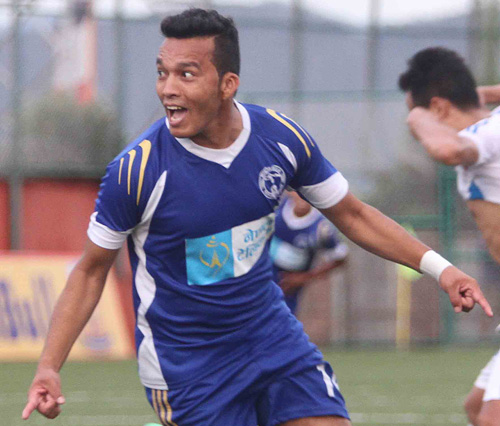 Yogesh Shrestha of Nepal Police Club celebrates after the equalizer against Three Star Club during their Red Bull National League match at ANFA Complex grounds on Monday.  Photo: Udipt Singh Chhetry/THT