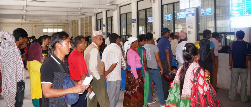 Patients queuing up to get tickets to see doctors at Western Regional Hospital, in Pokhara of Kaski, on Monday, September 07, 2015. Photo: Bharat Koirala