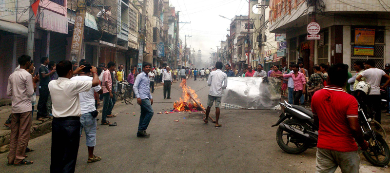 Tyres were set ablaze by Madhesi protesters on main road in Birgunj after the curfew was lifted for 16 hours on Tuesday, September 22, 2015. Photo: Ram Sarraf