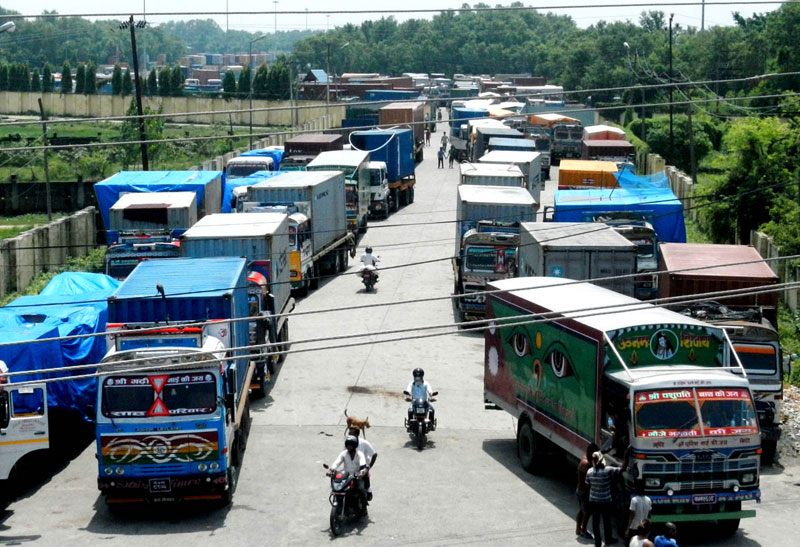 Trucks waiting to ply on the road, at the Birgunj Dry Port, in Parsa, on Wednesday, August 26, 2015. Photo: Ram Sarraf