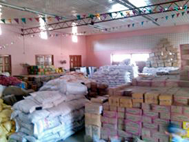 Relief goods lying in the store at the hall of district development committee.