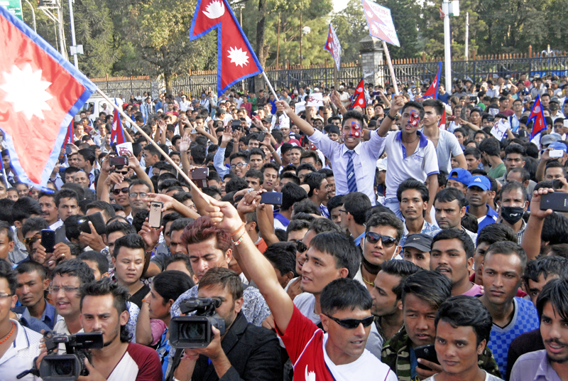 Representatives of various social organisations participating in a peace rally at Santibatika, Kathmandu, on Friday, October 02, 2015. Photo: THT
