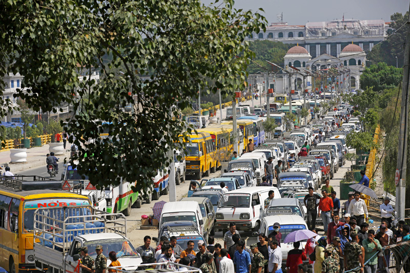 Vehicles queue for petrol as the nation undergoes oil and fuel crisis in Bhadrakali, Kathmandu on Wednesday. Photo:Skanda Gautam