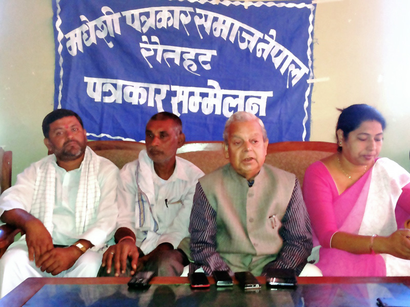 Tarai Madhes Democratic Party Chairman Mahanth Thakur addressing a press meet in Gaur, Rautahat, on Friday.
