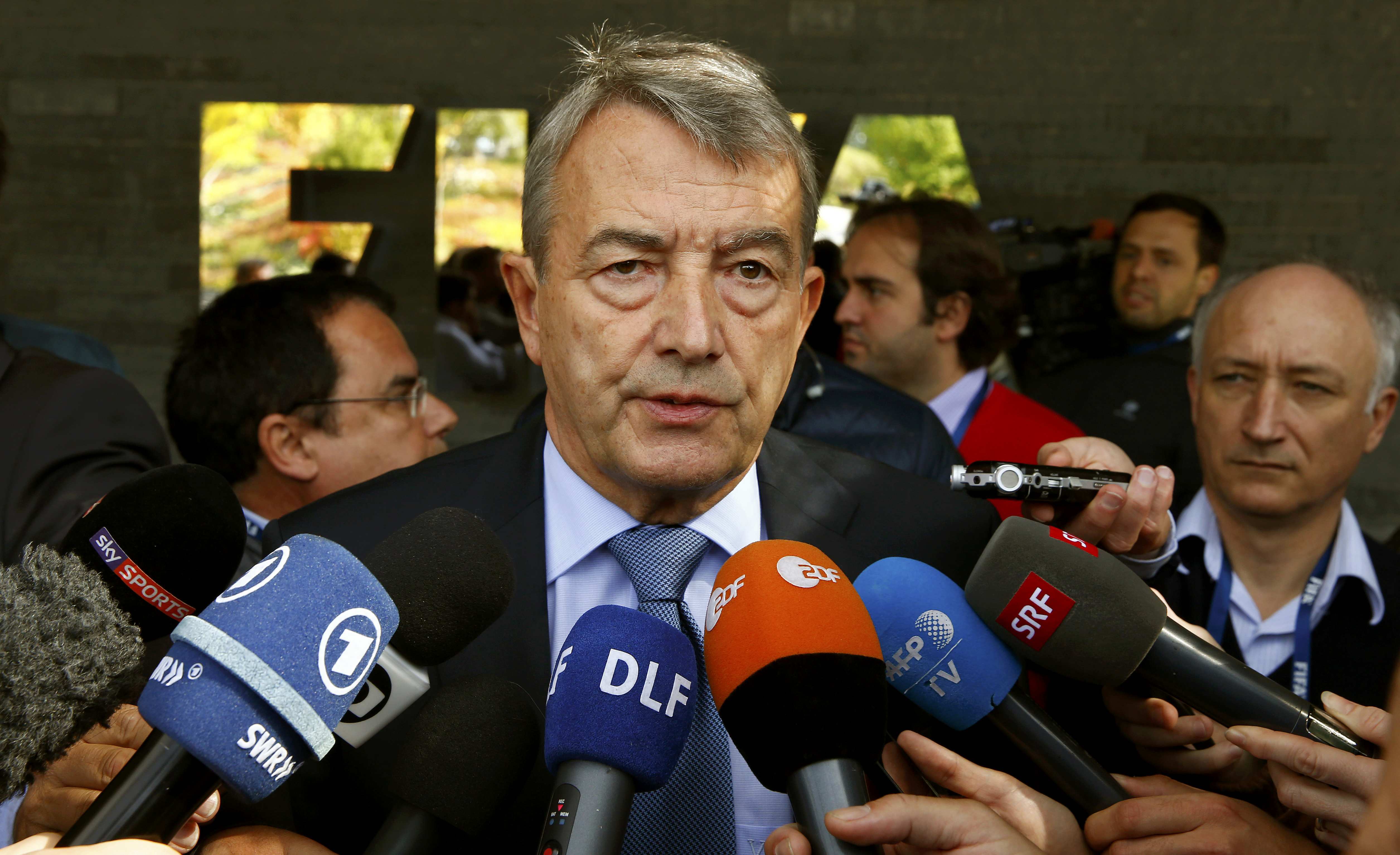 Wolfgang Niersbach, the German Soccer Association (DFB) President and member of the FIFA executive committee, talks to the media during a meeting of the FIFA executive committee in Zurich, Switzerland September 25, 2015. REUTERS/Arnd Wiegmann