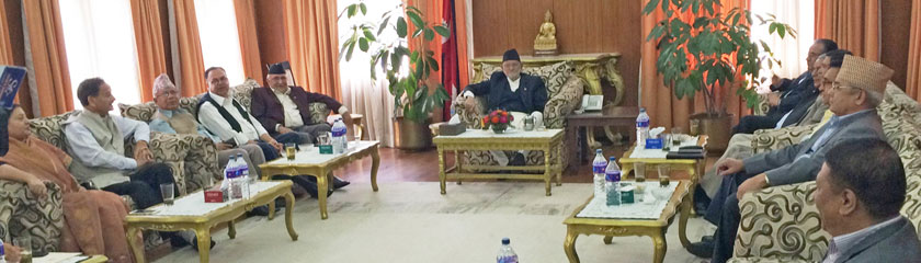 Top leaders of Nepali Congress, CPN-UML and UCPN-Maoist holding a meeting at PM's residence in Baluwatar, on Monday, October 5, 2015.