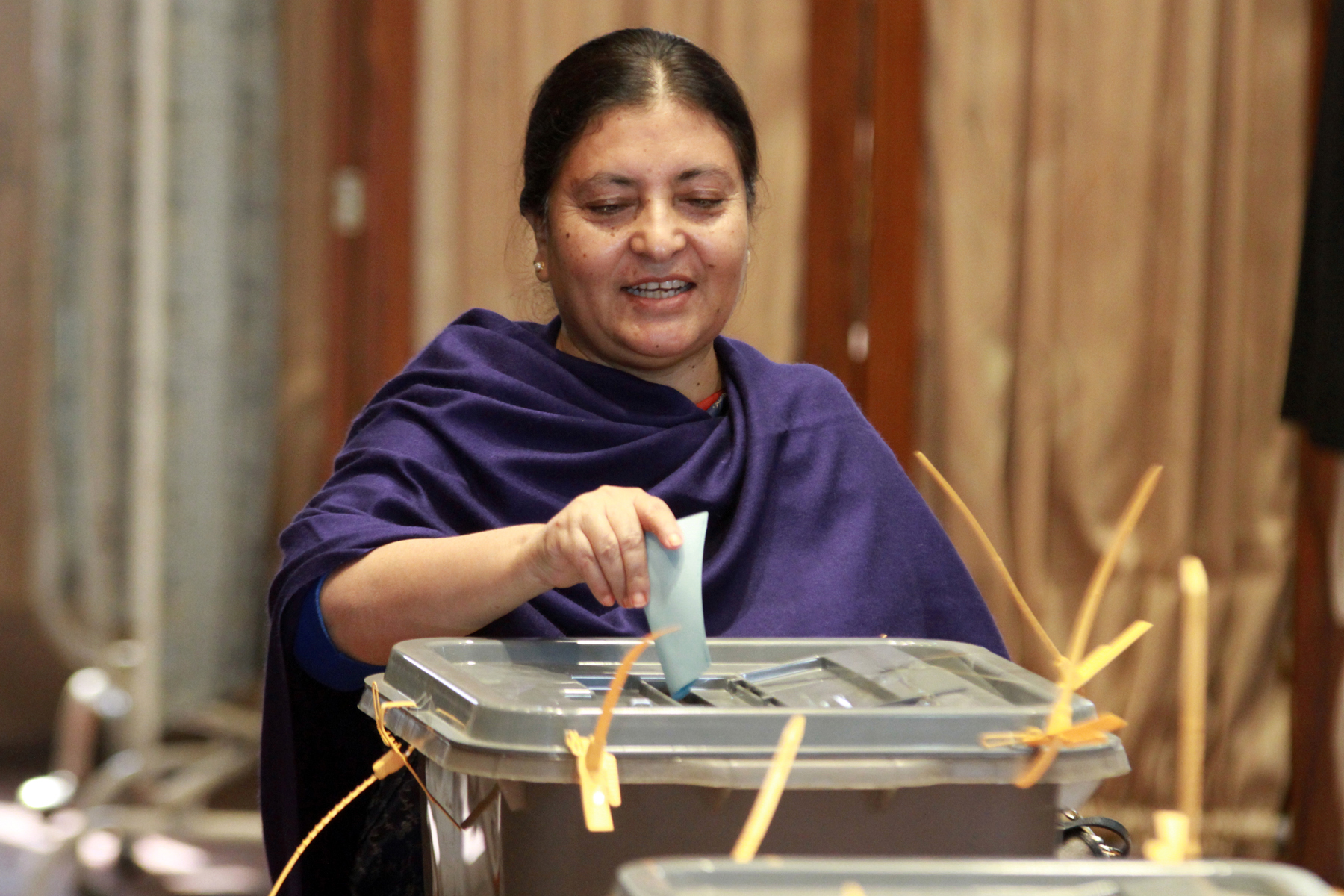 CPN-UML Vice-Chairperson Bidya Devi Bhandari cast her vote during the presidential election at the Legislature-Parliament in New Baneshwor on Wednesday, October 28, 2015. She is one of the contendors for the election. Photo: RSS