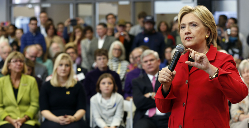Democratic presidential candidate Hillary Rodham Clinton speaks during a campaign stop at the Manchester Community College,  Monday, Oct. 5, 2015, in Manchester, N.H. (AP Photo/Jim Cole)