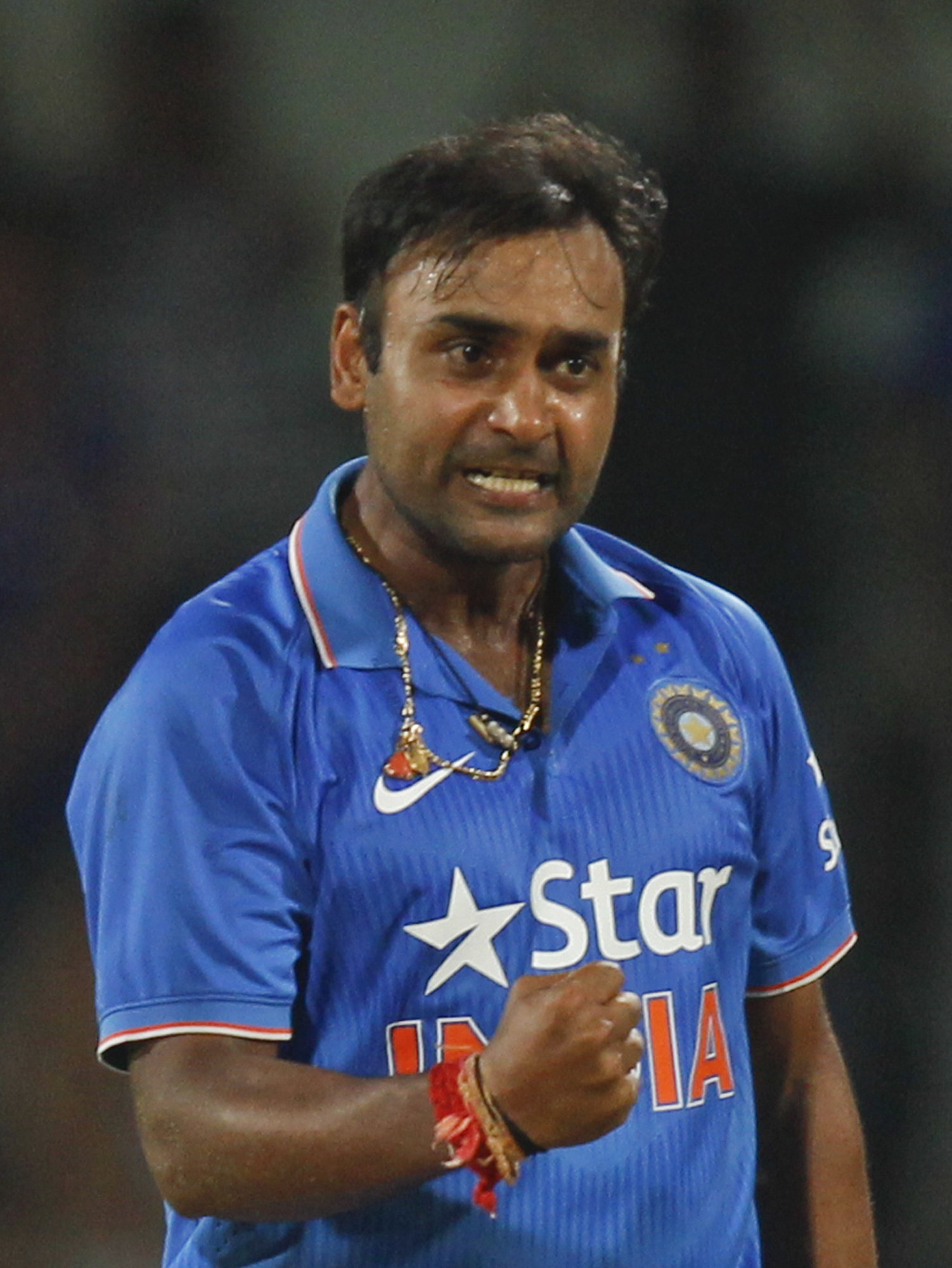 FILE- In this Oct. 22, 2015 file photo, India's Amit Mishra celebrates the wicket of South Africa's Farhaan Behardien, during their fourth one-day international cricket match against in Chennai, India. Mishra has been arrested and charged with causing grievous injuries to a woman in his hotel room last month in Bangalore. He has been released on bail. If convicted, he faces up to seven years in prison.(AP Photo/Arun Sankar K, file)