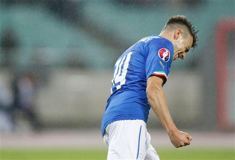Italy's Stephan El Shaarawy celebrates after scoring a goal during the Euro 2016 group H qualifying soccer match between the Azerbaijan and Italy at the Olympic stadium in Baku, Azerbaijan on Saturday, October 10, 2015. Photo: AP