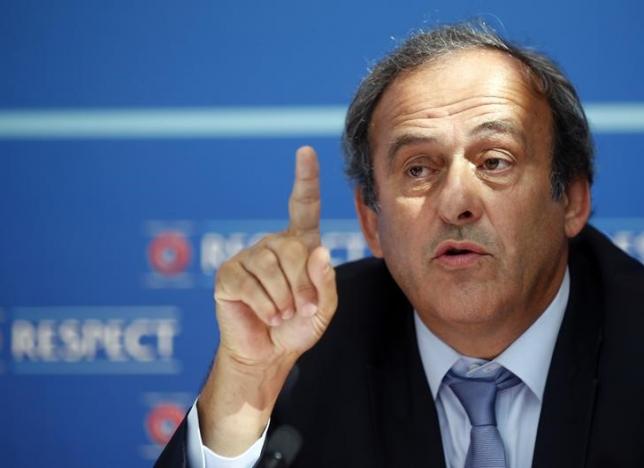 UEFA President Michel Platini attends a news conference after the draw for the 2015/2016 UEFA Europa League soccer competition at Monaco's Grimaldi Forum in Monte Carlo, Monaco August 28, 2015.   REUTERS/Eric Gaillard