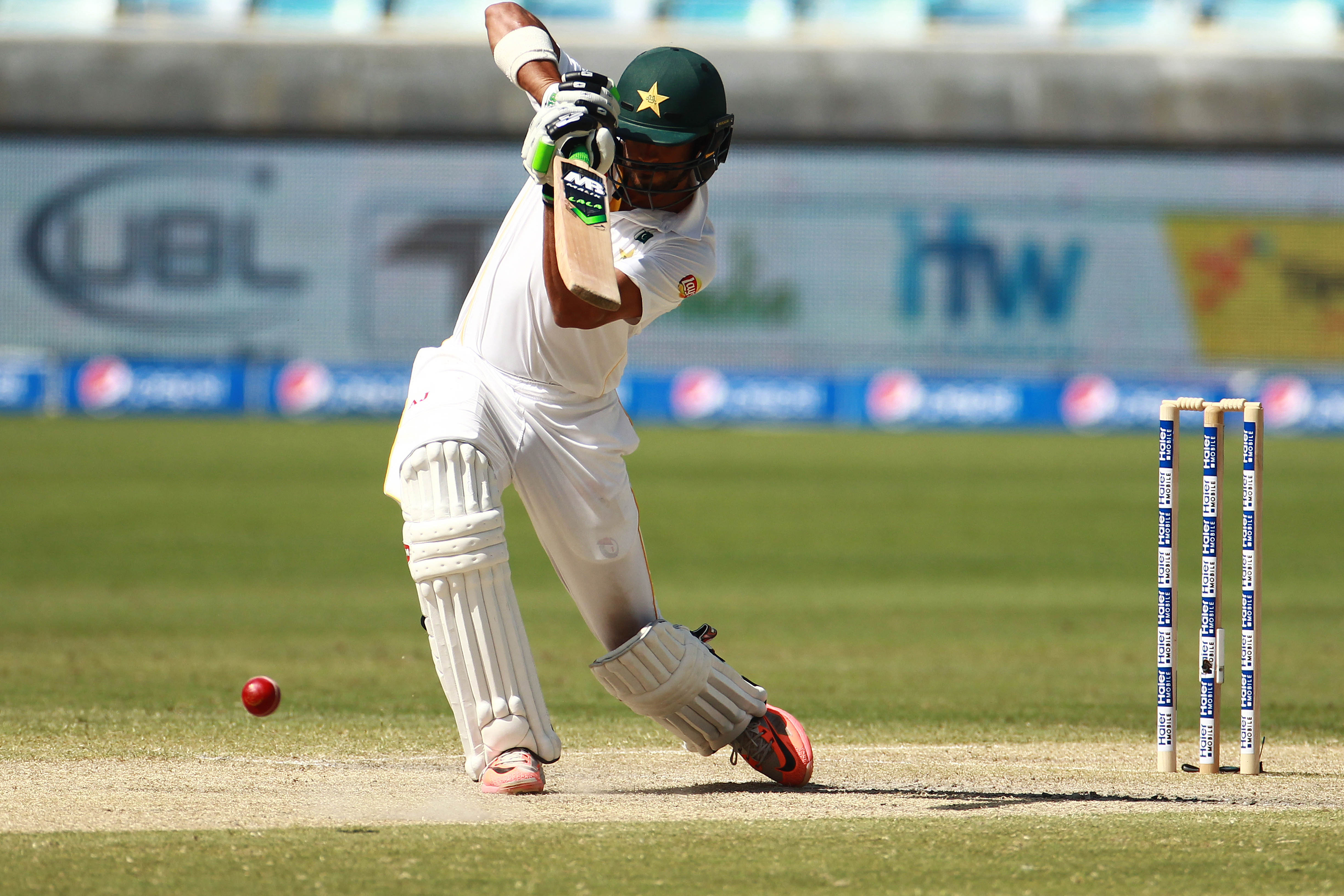 Pakistan's batsman Shan Masood plays a shot during the third day of the second cricket test match against England at the Dubai International Stadium in Dubai, United Arab Emirates, Saturday, Oct. 24, 2015. (AP Photo)
