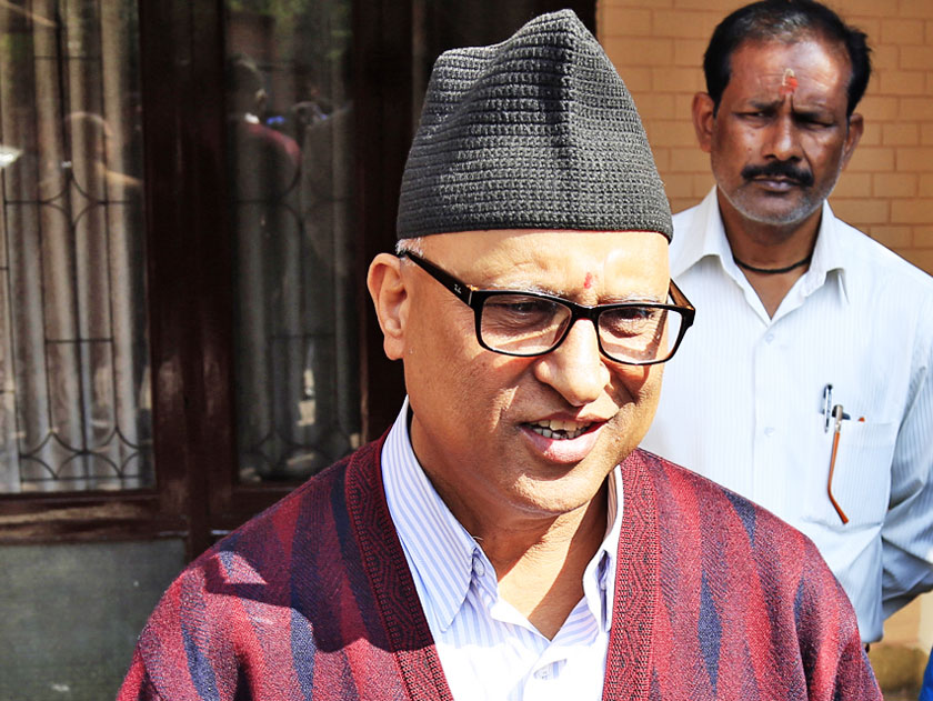 Nepali Congress Spokespersona Dilendra Prasad Badu talking to the media after the meeting of NC office-bearers at party President Sushil Koirala's residence on Friday, October 16, 2015. Photo: RSS