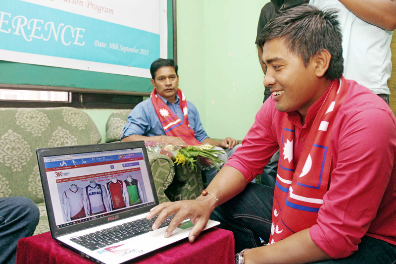 Gyanendra Malla Vice-captain of national cricket team launches online shoping store of RJ Sports Boutique Pvt Ltd during inauguratio program in Kathmandu on Wednesday. (Credit Image: Udipt Singh Chhetry)
