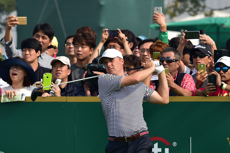 Jordan Spieth of the US tees off on the 10th hole during a practice session at the Jack Nicklaus Golf Club in Incheon on Wednesday, on the eve of the 2015 Presidents Cup. Photo: AFP