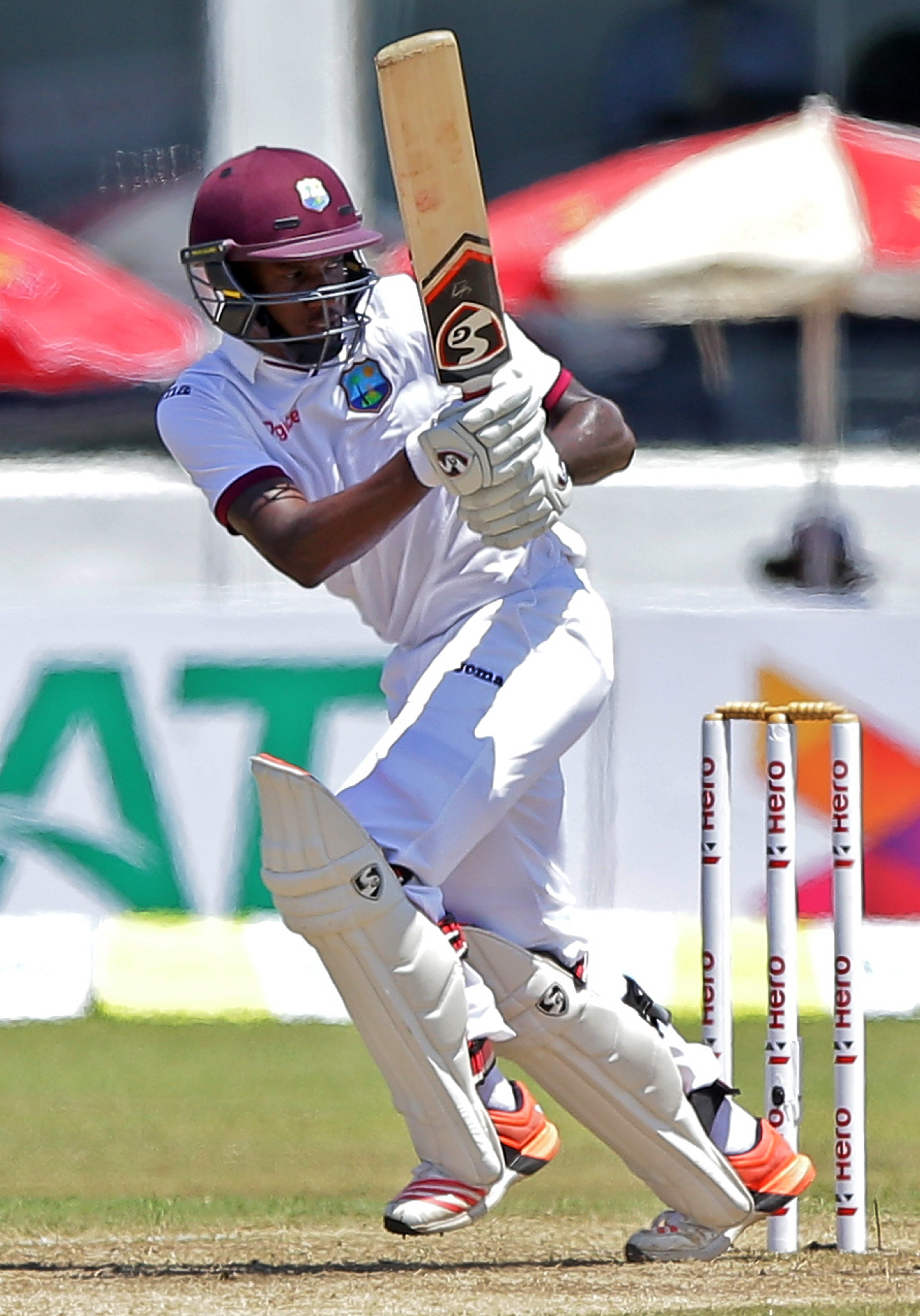 West Indiesu0092 cricketer Jermaine Blackwood bats during the third day of the first test cricket match against Sri Lanka in Galle, Sri Lanka, Friday, Oct. 16, 2015. ( AP Photo/ Pamod Nilru )