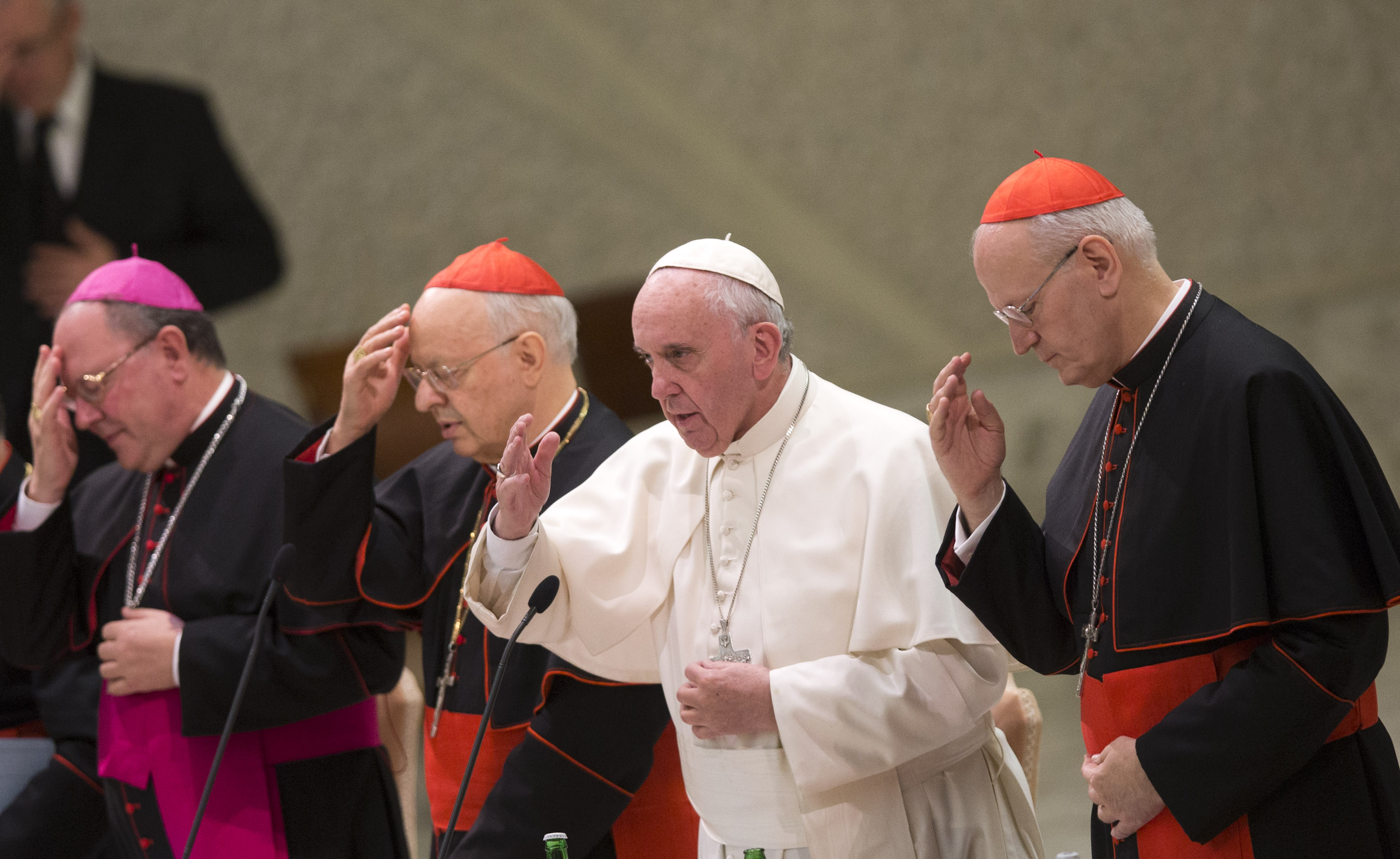 Pope Francis (second from right) delivers his blessing during a meeting marking the 50th anniversary of the creation of the Synod of Bishops, in the Paul VI hall at the Vatican, Saturday, on October 17, 2015. Photo: AP 