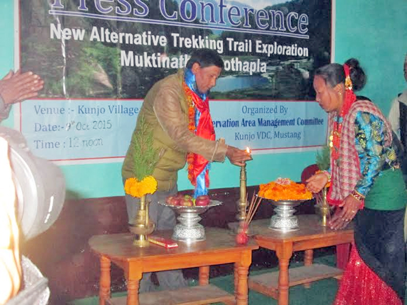 Bidur Bikram Kuinkel, head of the Annapurna Conservation Area Project (ACAP), Jomsom branch, inaugurating the alternative trekking route in Mustang district, on Friday, October 9, 2015. Photo: Rishi Ram Baral