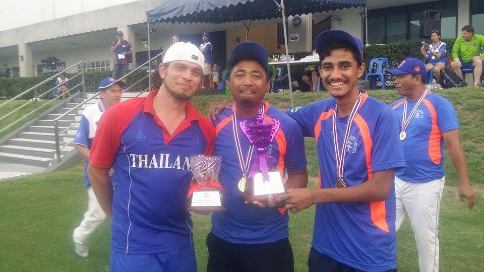 Baluwatar Cricket Club of Nepal pose for a photograph with the trophy after winning the title of the Thailand International Cricket Sixes, in Thailand. The team had defeated Merinar's Club of Singapore in the final.  Photo: Upendra Bhattarai 