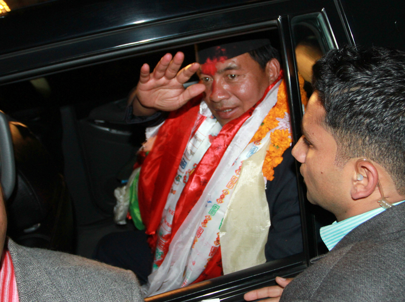 Vice-President Nanda Bahadur Pun leaves the Parliament premises after his election, in Kathmandu, on Saturday, October 31, 2015. Photo: RSS