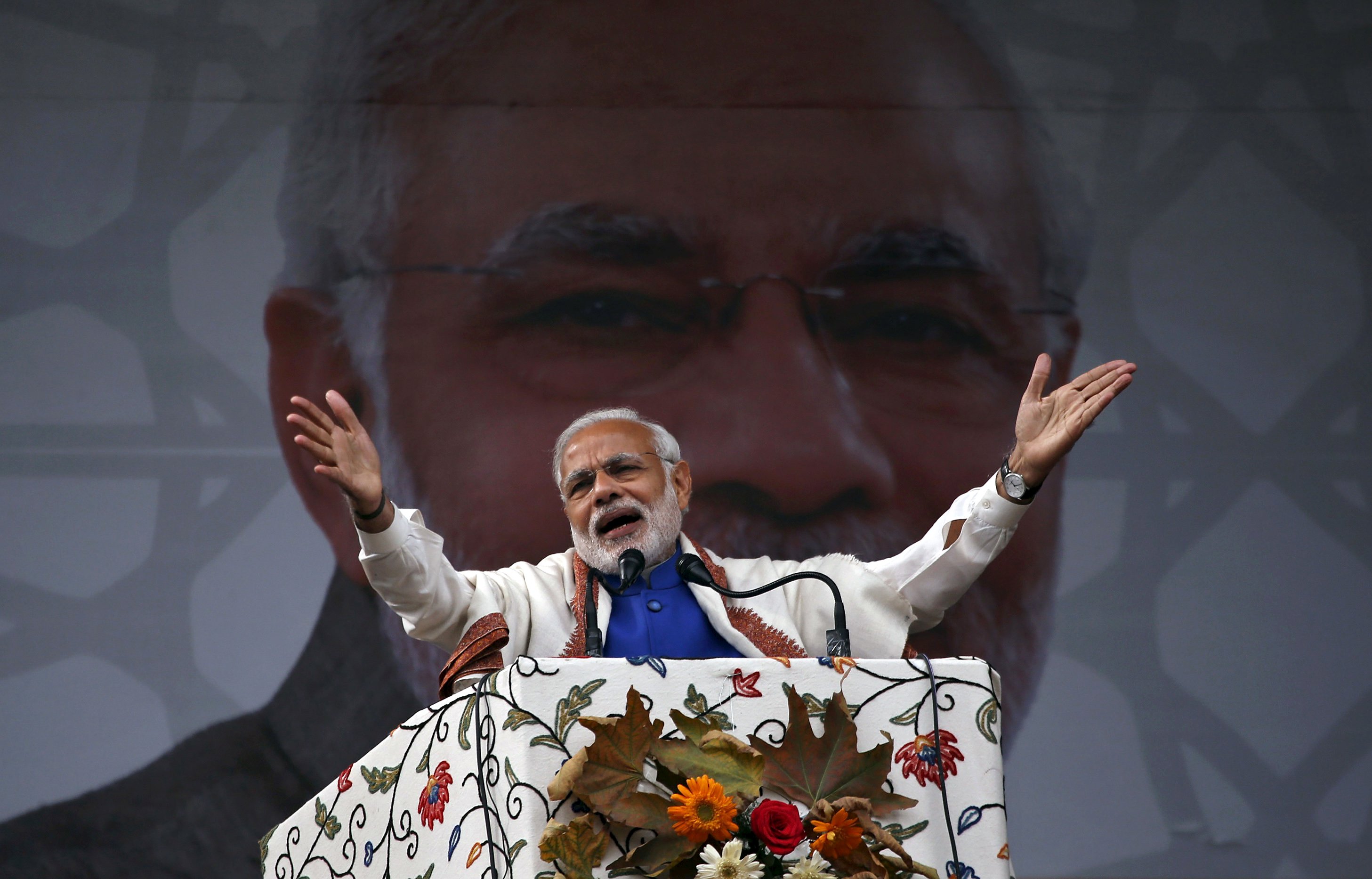 India's Prime Minister Narendra Modi addresses a rally in a cricket stadium in Srinagar, November 7, 2015. Photo: Reuters