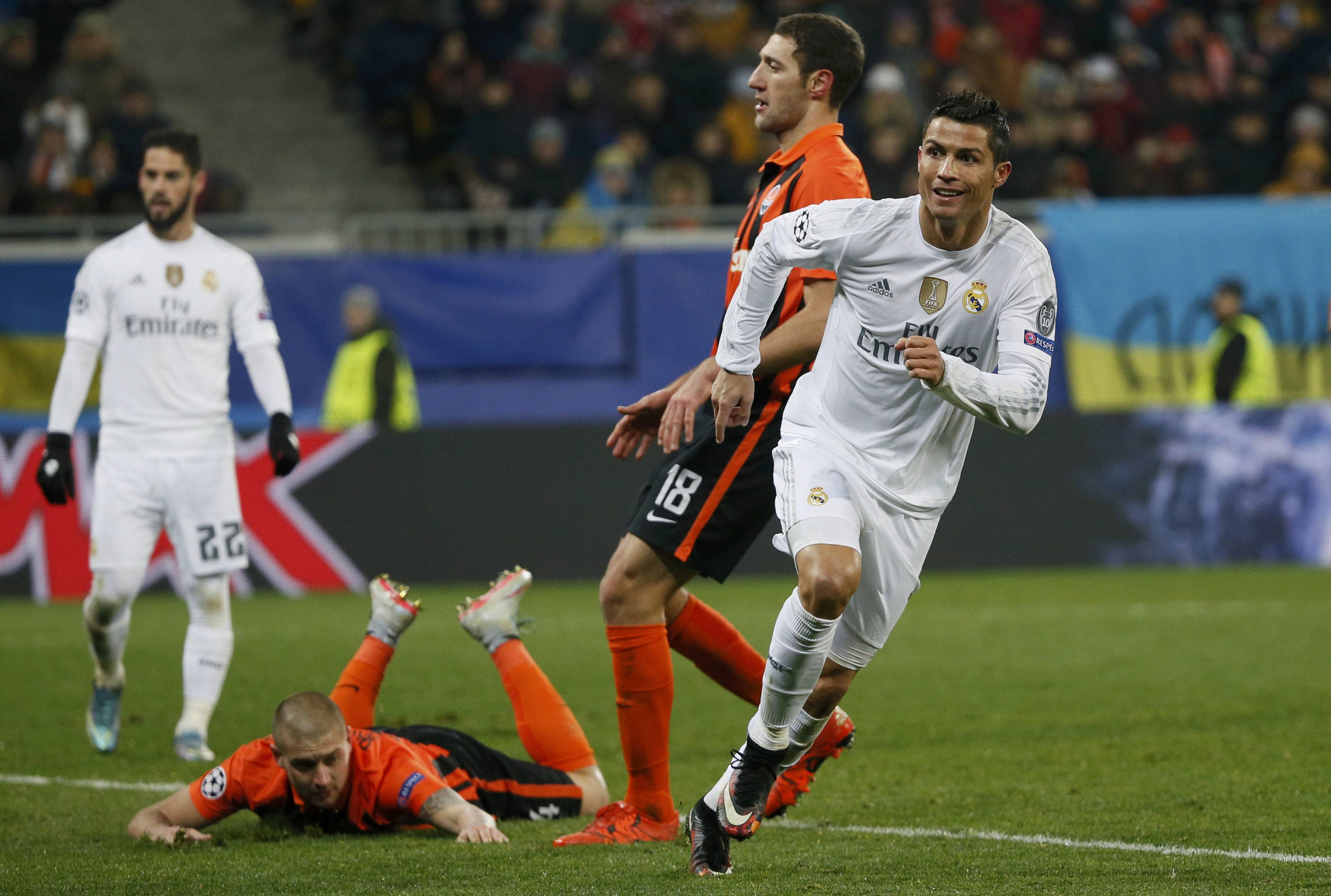 Real Madrid's Cristano Ronaldo celebrates a goal for Shaktar Donestek during UEFA Champions League game on Wednesday, November 25, 2015. Photo: Reuters