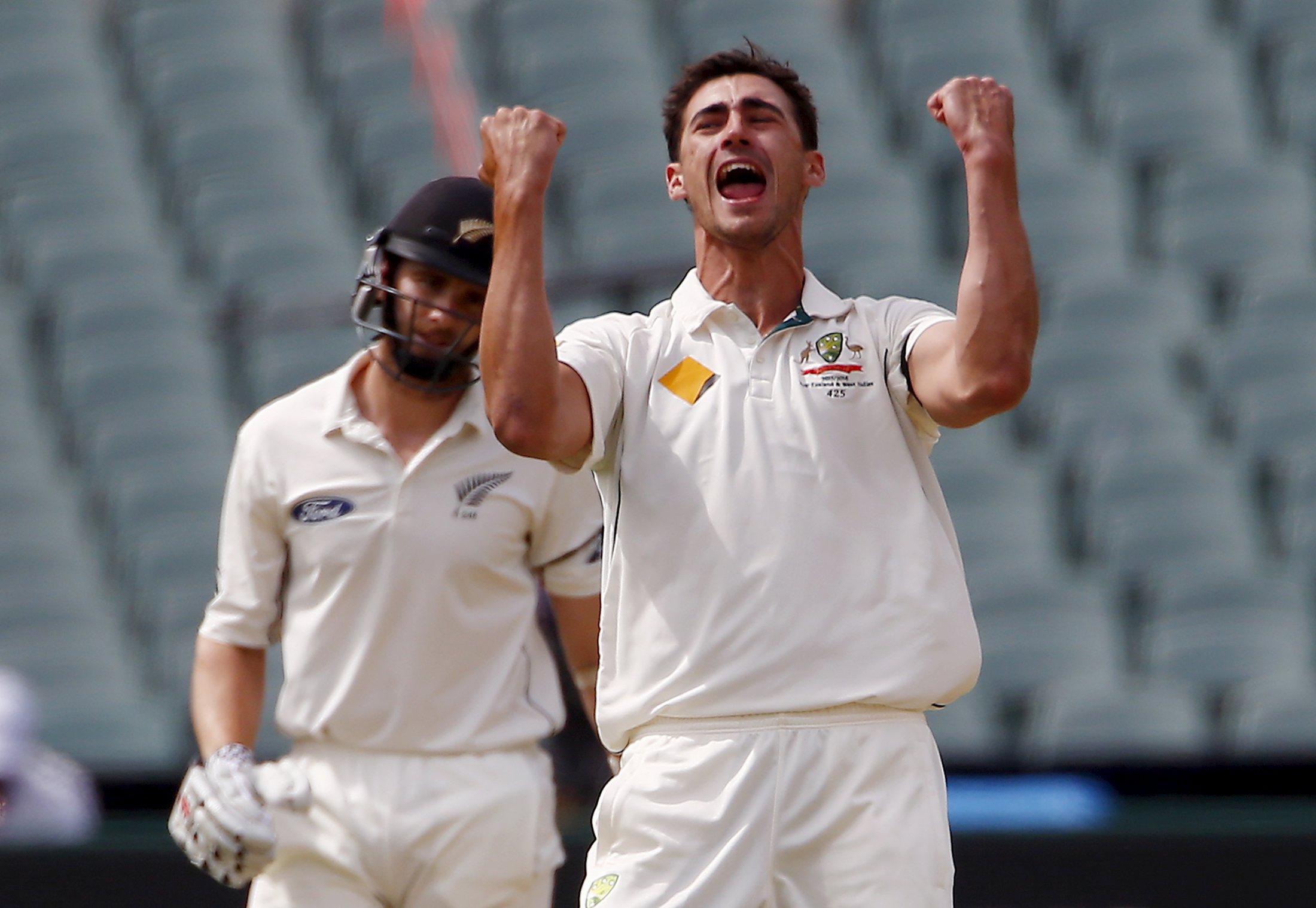 Australia's Mitchell Starc (R) celebrates dismissing New Zealand's Kane Williamson LBW for 22 runs during the first day of the third cricket test match at the Adelaide Oval, in South Australia, November 27, 2015.    REUTERS/David Gray