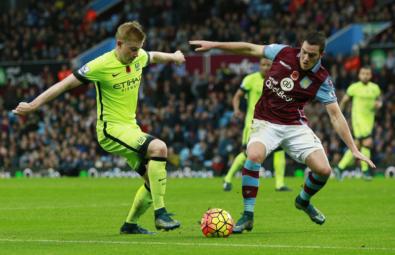 Manchester City's Kevin De Bruyne(Left) in action with Aston Villa's Jordan Veretout Action in Barclays Premier League at Villa Park on Sunday, November 8, 2015. Photo: Reuters