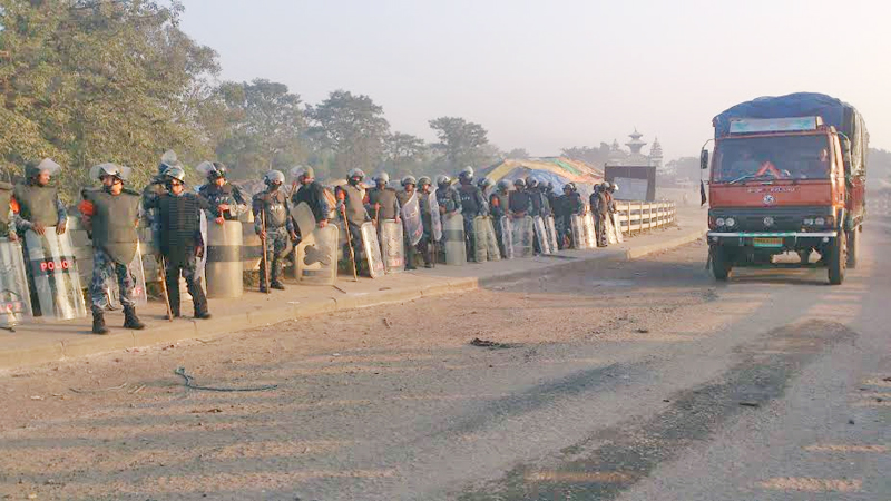 A truck passing through Miteripul of Birgunj checkpoint on Monday, November 02, 2015. The checkpoint that was obstructed by United Democratic Madhesi Front (UDMF) for past 40 days opened this morning. Photo: Ram Sarraf
