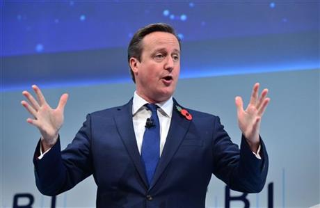 Britain's Prime Minister David Cameron addresses the annual conference of the CBI, Confederation of British Industry, in London, Monday Nov. 9, 2015. AP