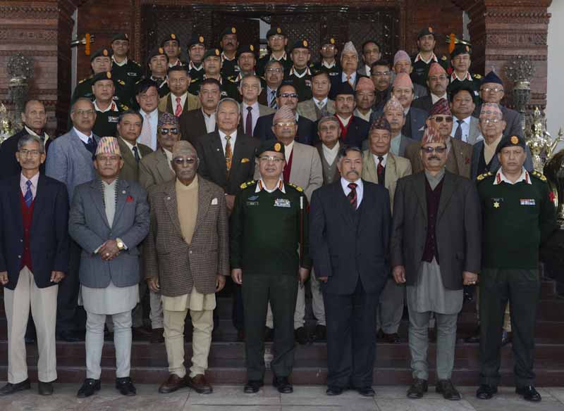 Former and incumbent high officials of Nepal Army pose for a photograph after an interaction, in Kathmandu, on Sunday, November 29, 2015. Photo: NA DPR