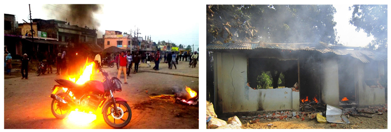 Irate demonstrators setting ablaze a motorcycle after three persons were killed in police firing at Rupani, in Saptari, on Sunday morning;  (right) demonstrators also set fire to a base camp of Armed Police Force in Rajbiraj, Saptari, on Sunday.  Photo: THT