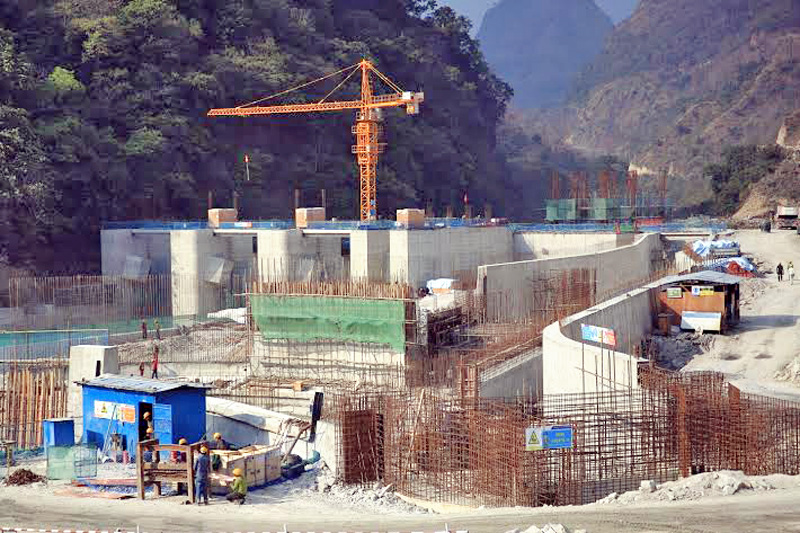 Workers engaged in the construction of 50 MW Marshyangdi Hydro Project dam at Bhulbhule in eastern Lamjung on Tuesday, November 03, 2015. Photo: Ramji Rana