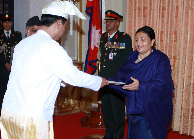 Myanmar's newly appointed Ambassador to Nepal, U Lwin Oo, presenting letters of credence to President Bidya Devi Bhandari, at Sheetal Niwas, on Thursday, November 26, 2015. Photo: RSS