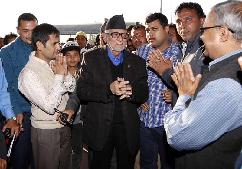 Nepali Congress President Sushil Koirala at the Tribhuvan International Airport before he left for the United States on a medical trip, in Kathmandu, on Friday, November 6, 2015. Photo: RSS