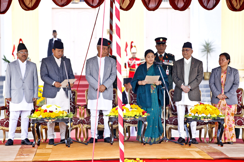 Newly elected Vice-President Nanda Bahadur Pun being sworn-in by President Bidya Devi Bhandari at the latter's office, in Sheetal Niwas, on Sunday, November 1, 2015. Photo: Skanda Gautam/ THT