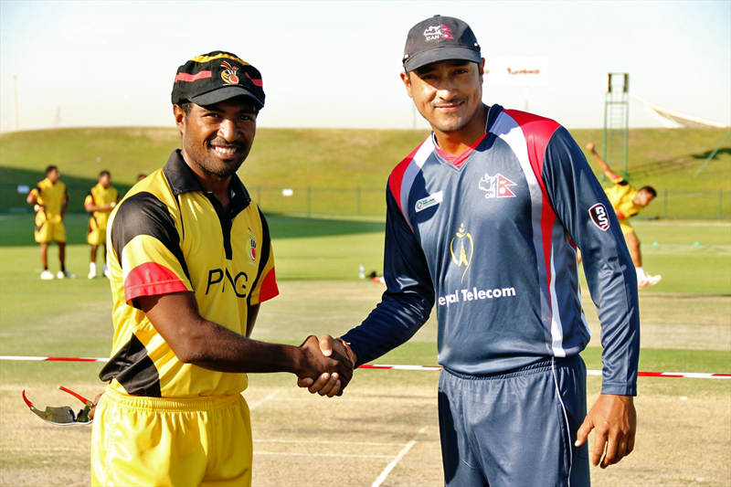 Nepal and PNG skippers shake hands before the ICC World Cricket League Championship match in Abu Dhabi on Monday, November 16, 2015. Photo: CAN
