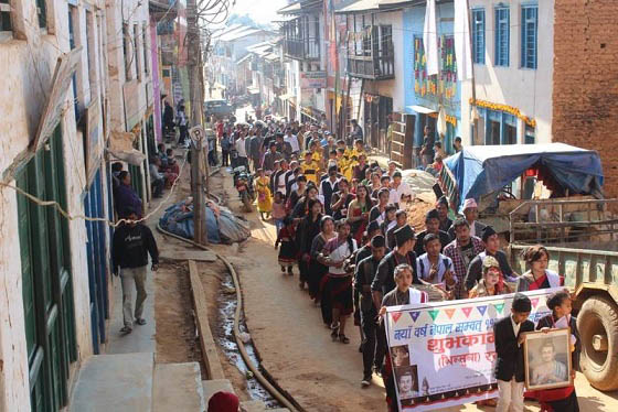 Locals of Bhojpur district headquarters take out a rally on the occasion of Nepal Sambat new year in Bhojpur, on Thursday, November 12, 2015. Photo: Niroj Koirala