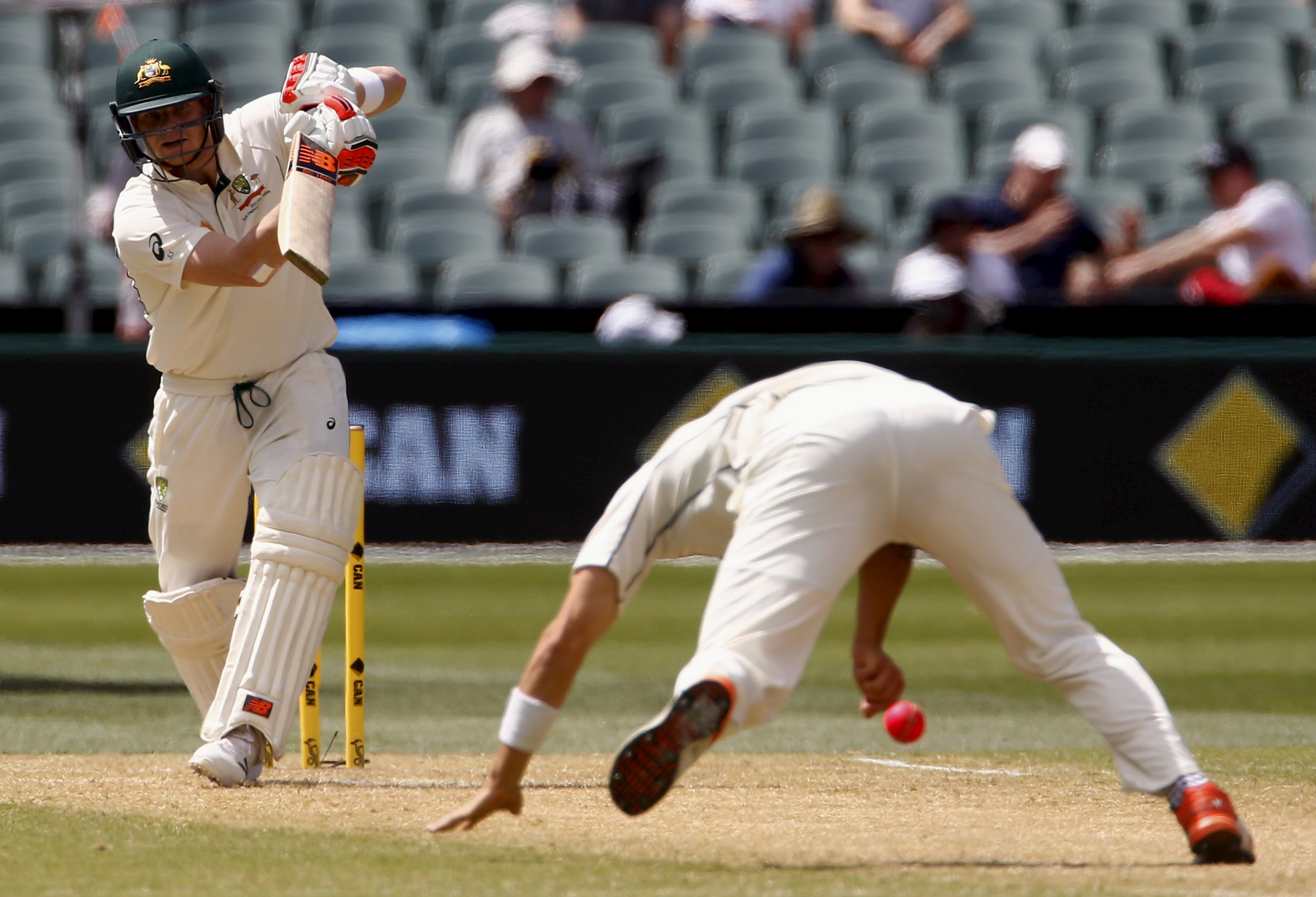 Australia's captain Steve Smith (left) watches as New Zealand's Doug Bracewell dives on the pitch to stop the ball during the second day of the third cricket test match at the Adelaide Oval, in South Australia, November 28, 2015. Photo: Reuters